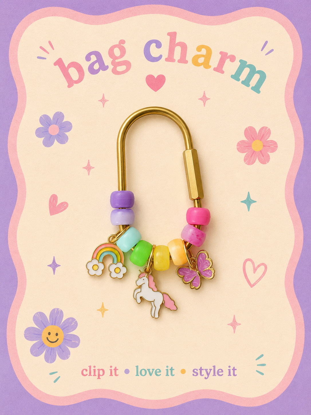 Colorful Beaded Bag Charm with 3 charms 🦄🌈 Unicorn Dreams
